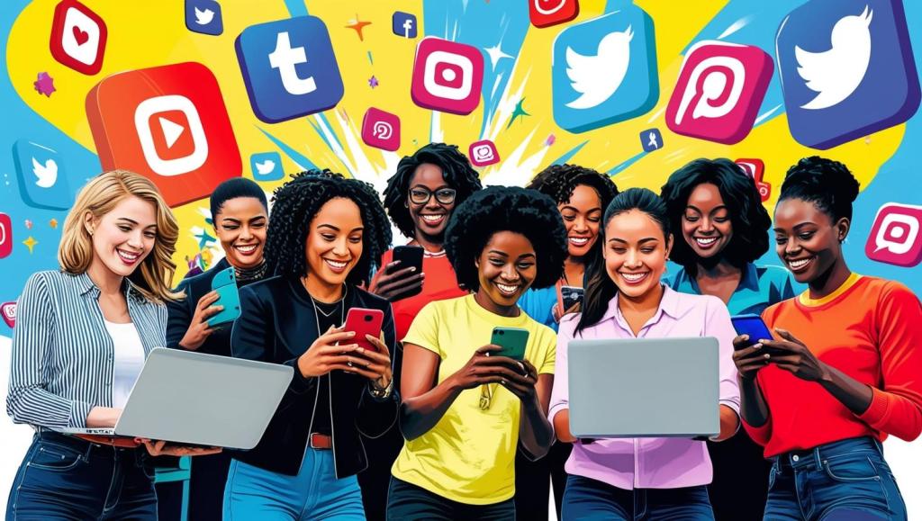 A lively digital artwork featuring a diverse group of people engaging with smartphones and laptops, surrounded by colorful social media icons and a vibrant background.
