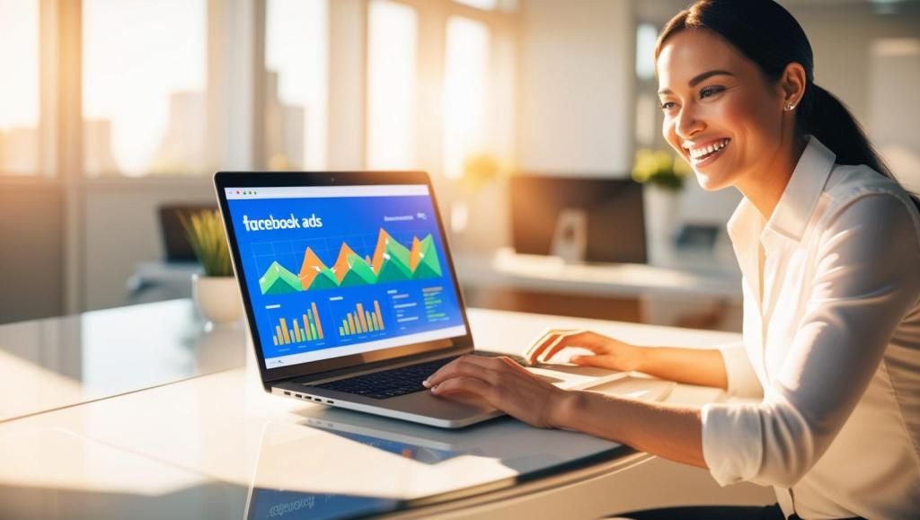 A smiling woman sits at a desk with a laptop displaying a Facebook Ads dashboard. Colorful charts and graphs surround her, symbolizing success in digital marketing.