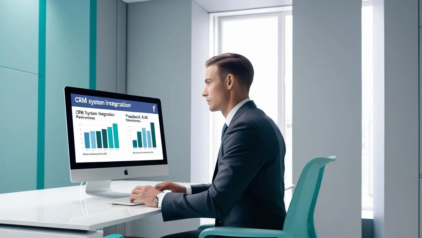 An office image in cool colors showing a professionally dressed man sitting at a computer integrating CRM systems while tracking facebook ads performance