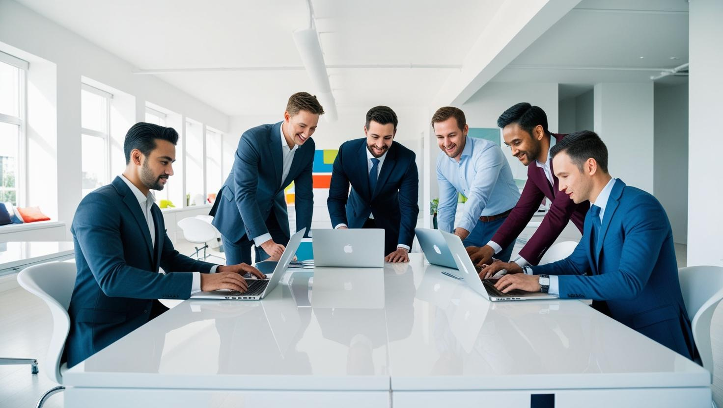 A bright open office setting with many professional dressed people working on desks with open laptops addressing facebook advertising issues.