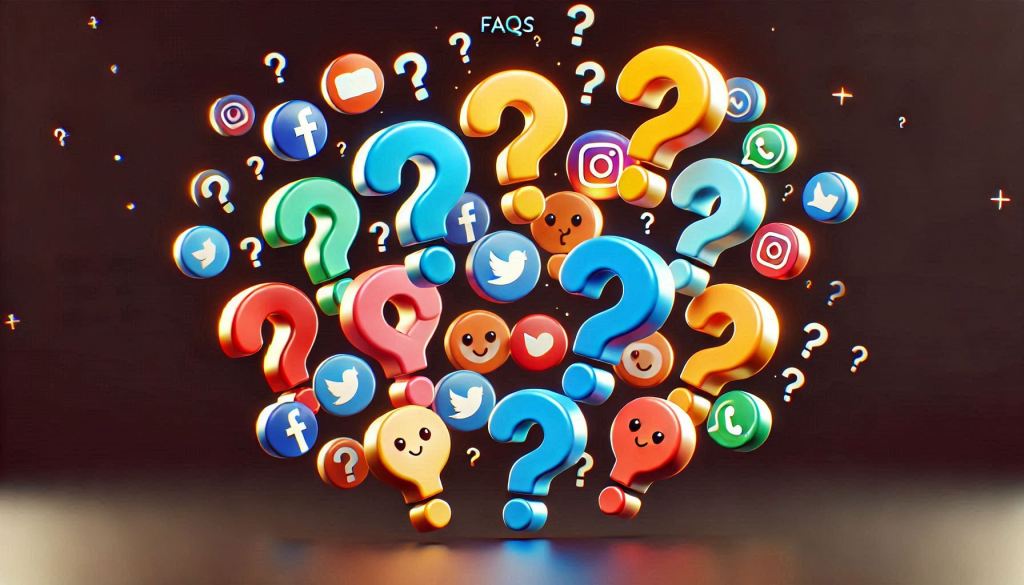 A group of 10 or more differently colored question marks is floating around a black background. It is meant to show the FAQs for services in social media marketing for growth. The adorable social media logos are in a 3D illustrated animation style.