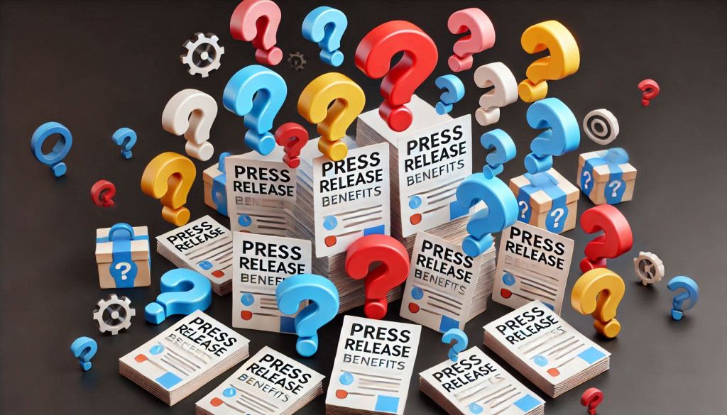 A group of 10 or more differently colored question marks is floating around a black background. It is meant to show the FAQs for the importance of press releases for businesses. The adorable press release papers are in a 3D illustrated animation style.