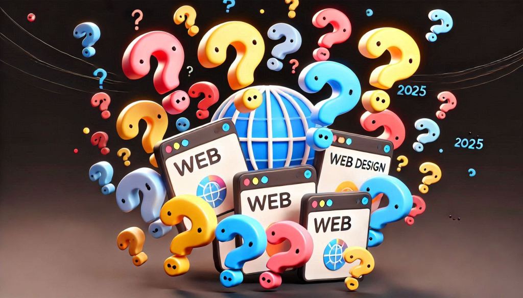 A group of 10 or more differently colored question marks are floating around a black background. Meant to show the FAQs for web design trends in 2025 for small businesses. The adorable web pages are in a 3D illustrated animation style.