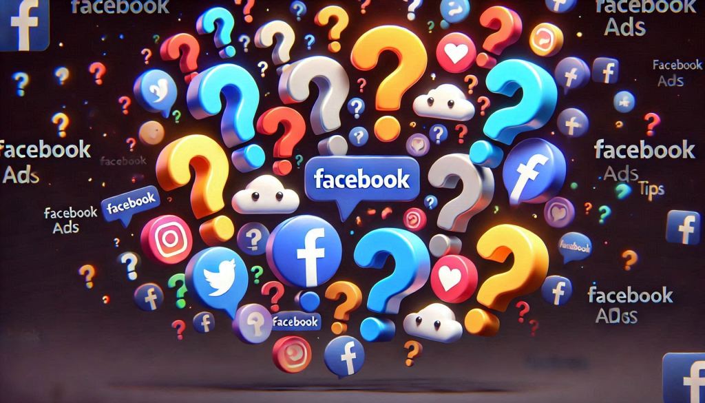 A group of 10 or more differently colored question marks is floating around a black background. It is meant to show the FAQs for facebook ads campaign optimization tips for businesses. The adorable animated facebook icons are in a 3D illustrated animation style.