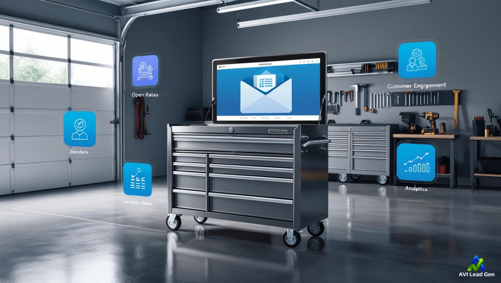 A cool, inviting image of a modern garage with tool chests displaying a cool-colored email inbox, surrounded by icons for customer engagement, conversion rates, and analytics.