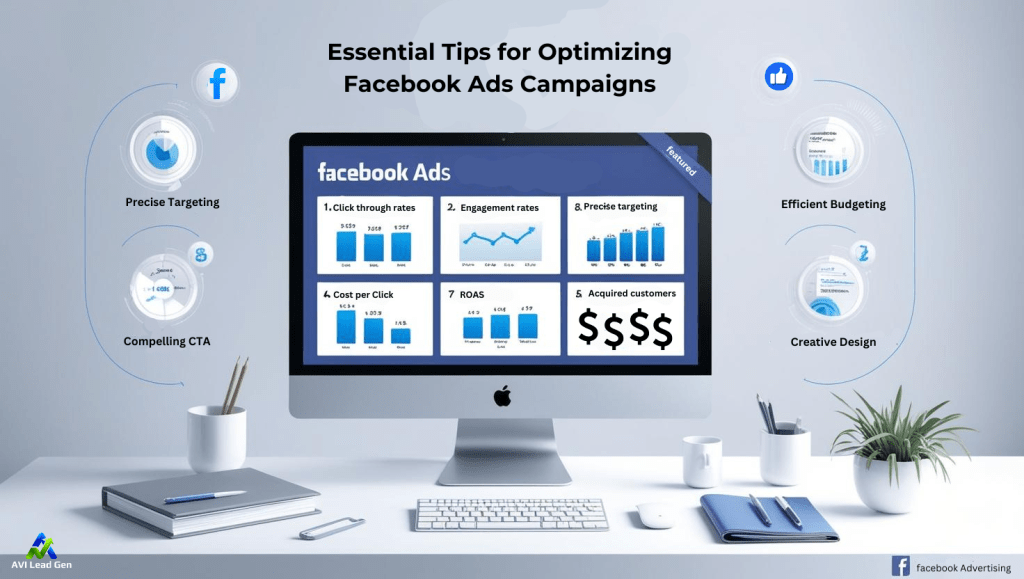 A professional and modern digital marketing scene depicting essential tips for optimizing Facebook Ads campaigns. The image features a computer screen displaying ad performance metrics like click-through rates, engagement, and audience insights. Surrounding the screen are icons of targeting, budgeting, and creative design. A marketer is shown analyzing data in a vibrant and organized workspace. The color scheme includes blue and white tones for trust and professionalism, with subtle accents of Facebook’s signature palette, symbolizing innovation and effectiveness.