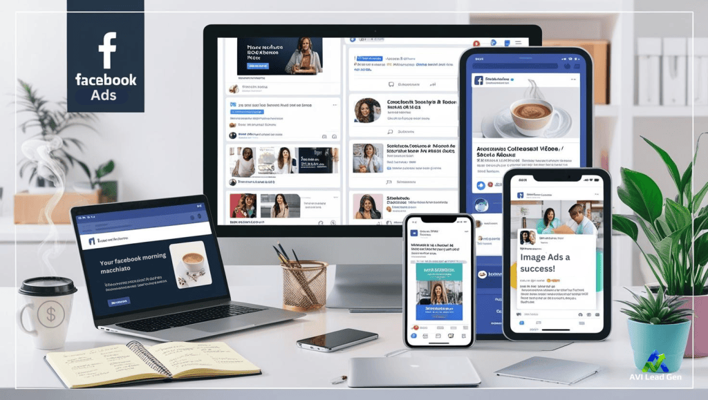 Different Facebook ad formats, including image ads, video ads, carousel ads, collection ads, and stories ads, are displayed as digital mockups on several devices. The background features a professional workspace with a coffee cup, notebook, and plant, emphasizing a modern and creative environment. The image shows how business spend Facebook style will have positive impacts on small businesses.