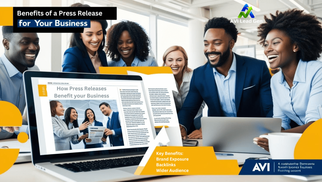 An image of a modern office with an opened laptop showing key benefits of press releases for businesses.