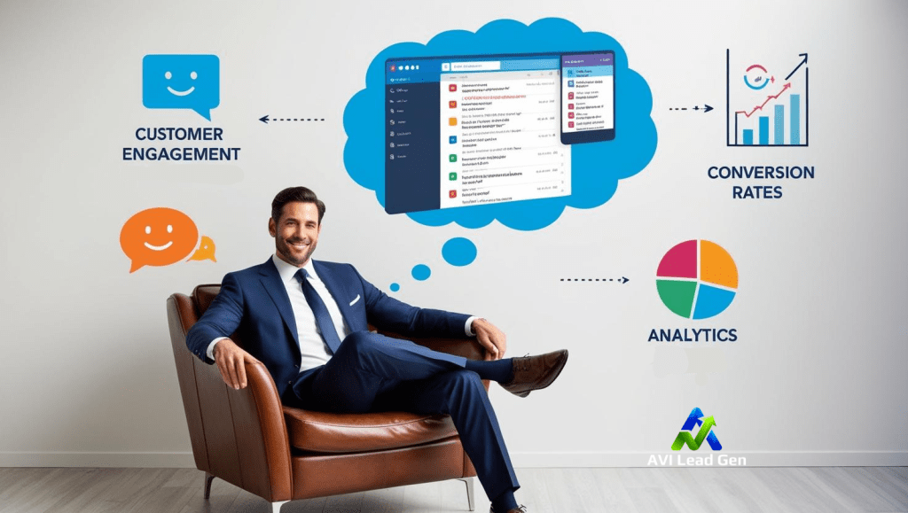 A cool inviting image of a professionally dressed man in a chair with a thought bubble containing an email inbox, surrounded by icons for customer engagement, conversion rates, and analytics for effective email marketing strategies and tips 2025.