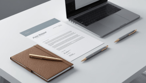 A modern desk setup featuring a press release, laptop, notepad, and pen, symbolizing effective business communication and productivity in a clean digital art style.