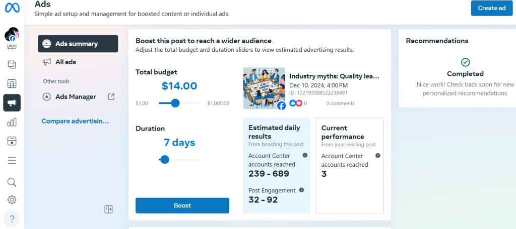 A screenshot of a meta ads image showing one of the creative strategies for facebook ads which is also tracking facebook ads performance