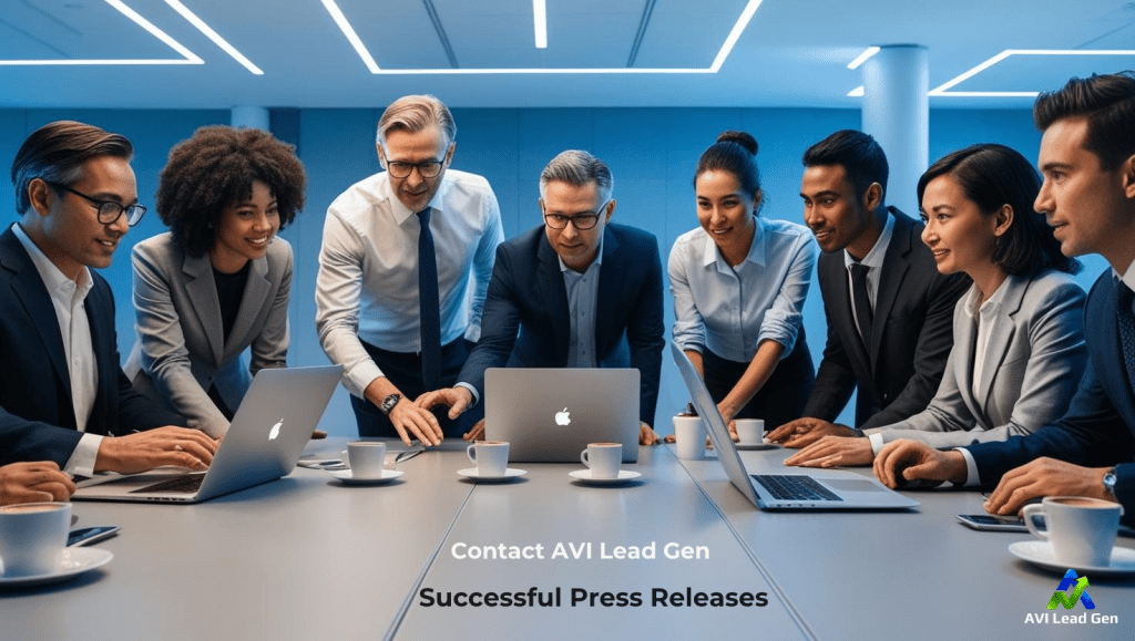 A diverse group of professionals collaborating in a large, cool-lit modern conference room. There are various elements such as laptops and coffee cups, as the professionals analyze and discuss the importance of press releases.
