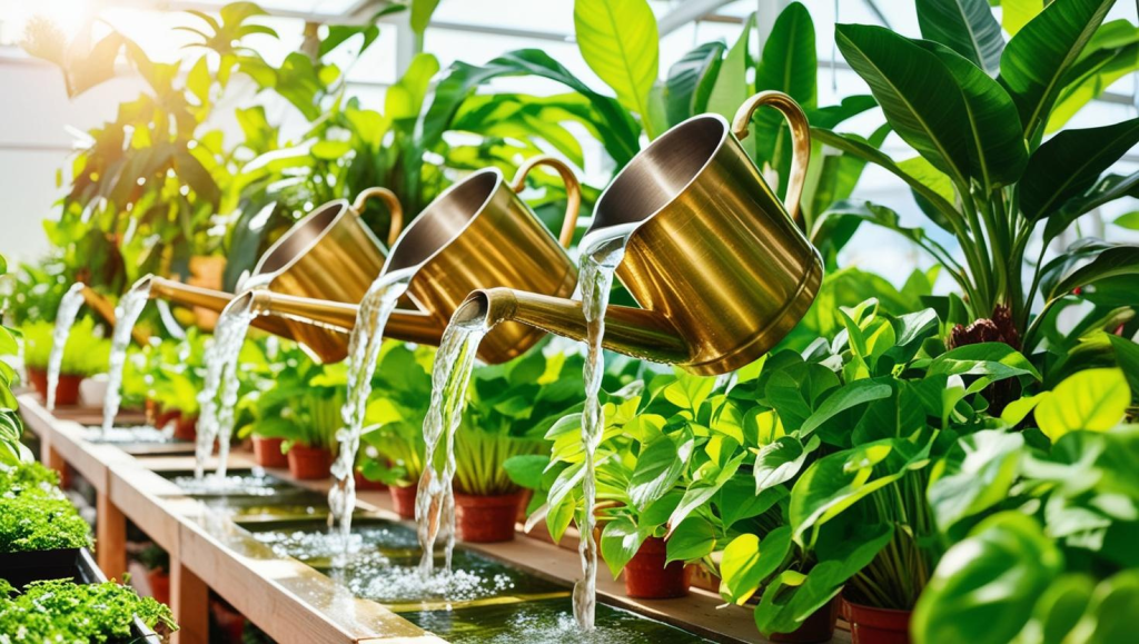A cool, inviting image of a plant nursery with several water pitchers dripping into the plants, meant to showcase nurturing leads with drip campaigns in email marketing strategies.