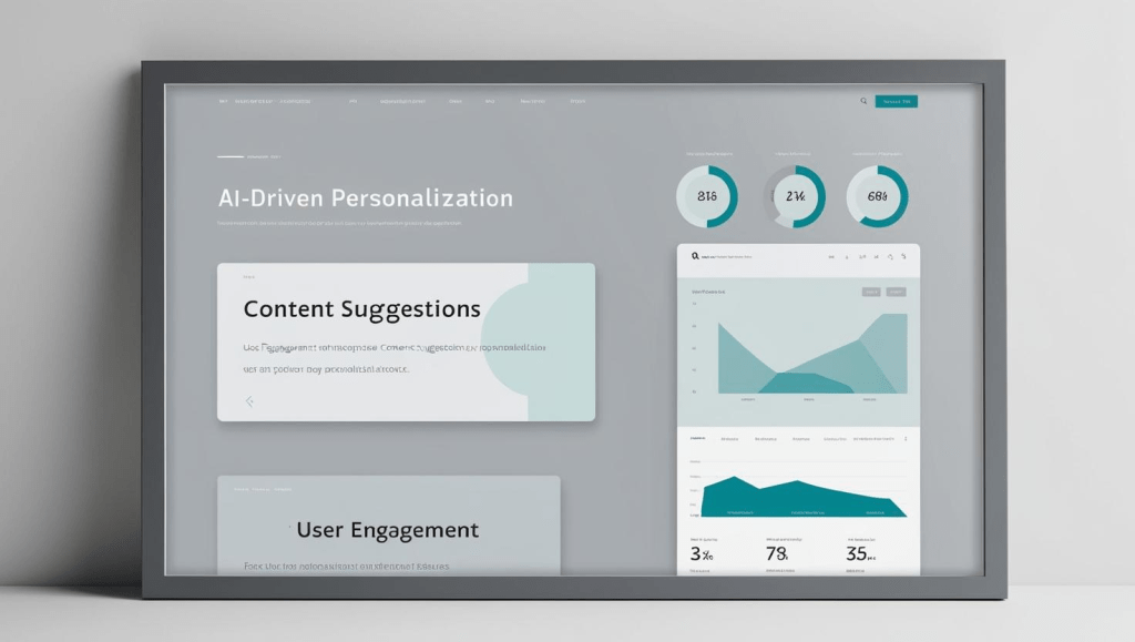 A modern website interface displaying AI-driven personalization features, with content suggestions and user engagement metrics on a sleek, minimalist background, demonstrating the 2025 web design trends.