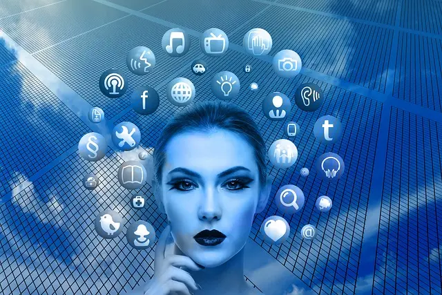 An image of a young woman surrounded by social media icons in cool color tones. She appears to be considering social media marketing strategies.