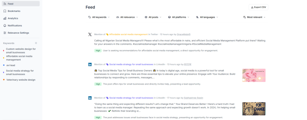 A screenshot of a social listening platform. Indicating trending tools for social media marketing for business growth.