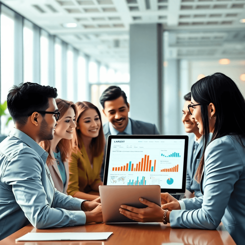 A diverse group of business professionals discussing a digital marketing strategy, with charts on a laptop, in a modern office setting.