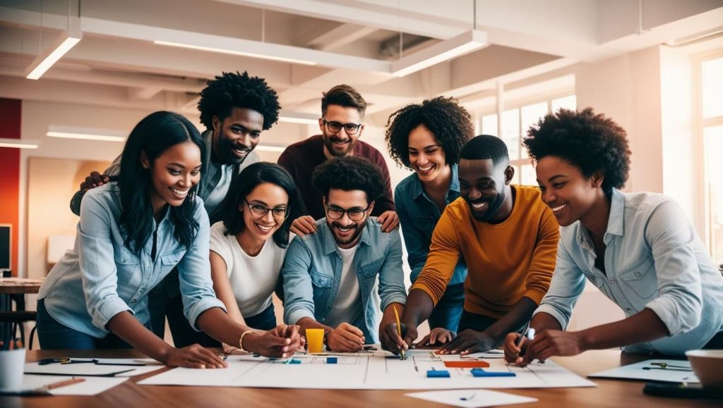 A group of diverse designers working on a comprehensive content marketing plan.