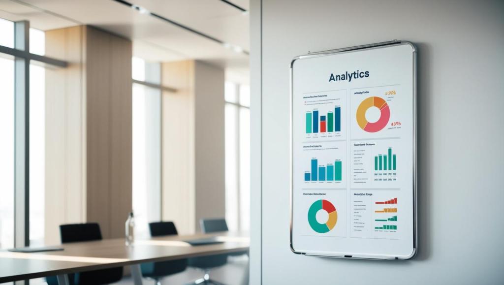 A whiteboard in a well-lit modern office setting showing analytics for optimization. Using these analytics helps with on-page seo for content marketing.