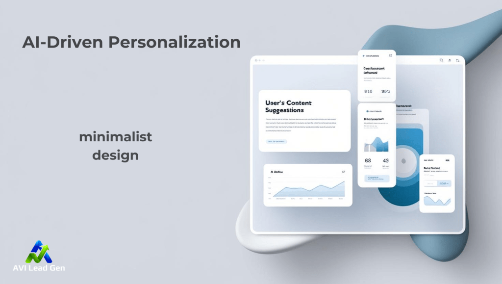 A modern website interface displaying AI-driven personalization features, with content suggestions and user engagement metrics on a sleek, minimalist background. Displaying two of our top 10 web design trends for 2025.
