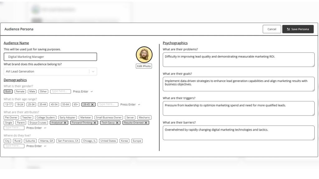 An image of a buyer persona created from SuperCopy.ai. The image shows fields for audience name, demographics, and psychographics. This reflects creating a buyers persona which is one of the content marketing tactics currently in use.