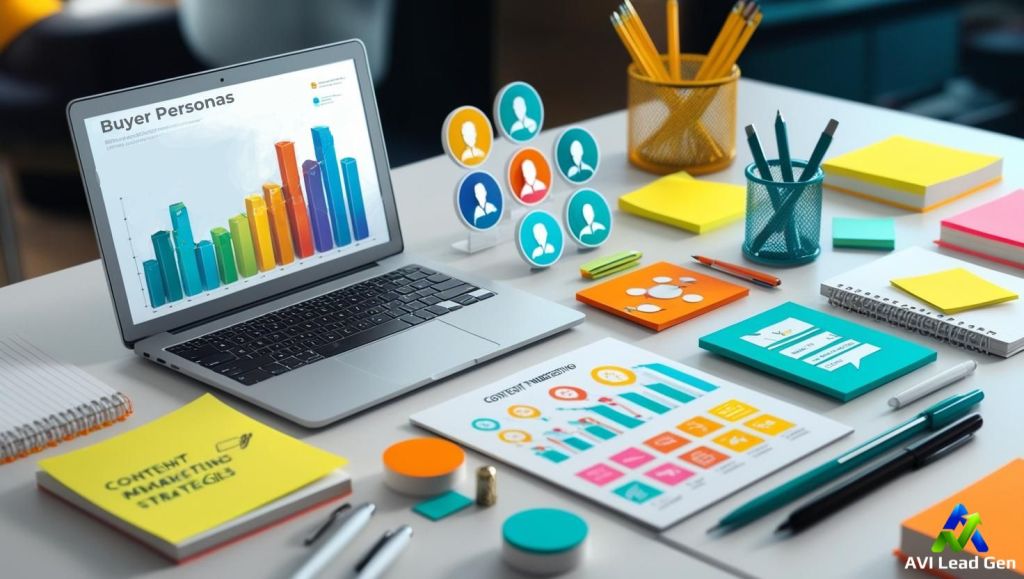 A vibrant digital workspace with a laptop showing graphs, alongside icons of buyer personas and tools like notepads and pens, representing content marketing strategies.