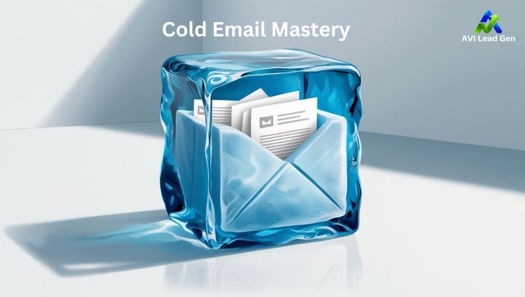 A frozen email inbox with several letters contained within. The mailbox is on a sleek minimalist background with the words cold email mastery above. The image is depicting a cold email marketing strategy for SMB.