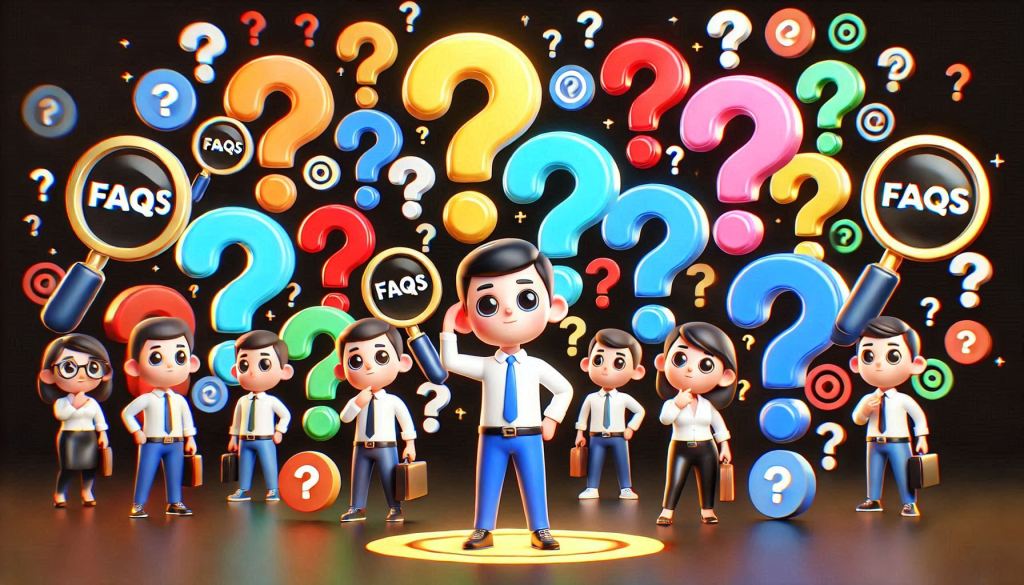 A group of 10 or more differently colored question marks are floating around a black background. Meant to show the FAQs for choosing a lead gen agency. The adorable marketing agents are in a 3D illustrated animation style.