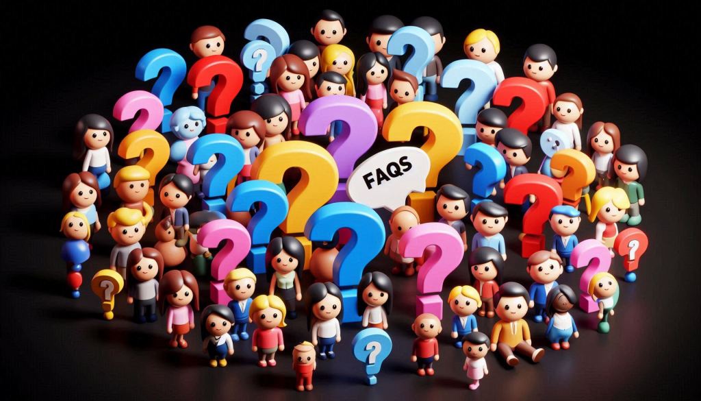 A group of 10 or more differently colored question marks with adorable buyer personas mixed in are congregated near the center of the image. Behind them is a black background. The adorable buyer personas are in a 3D illustrated animation style.