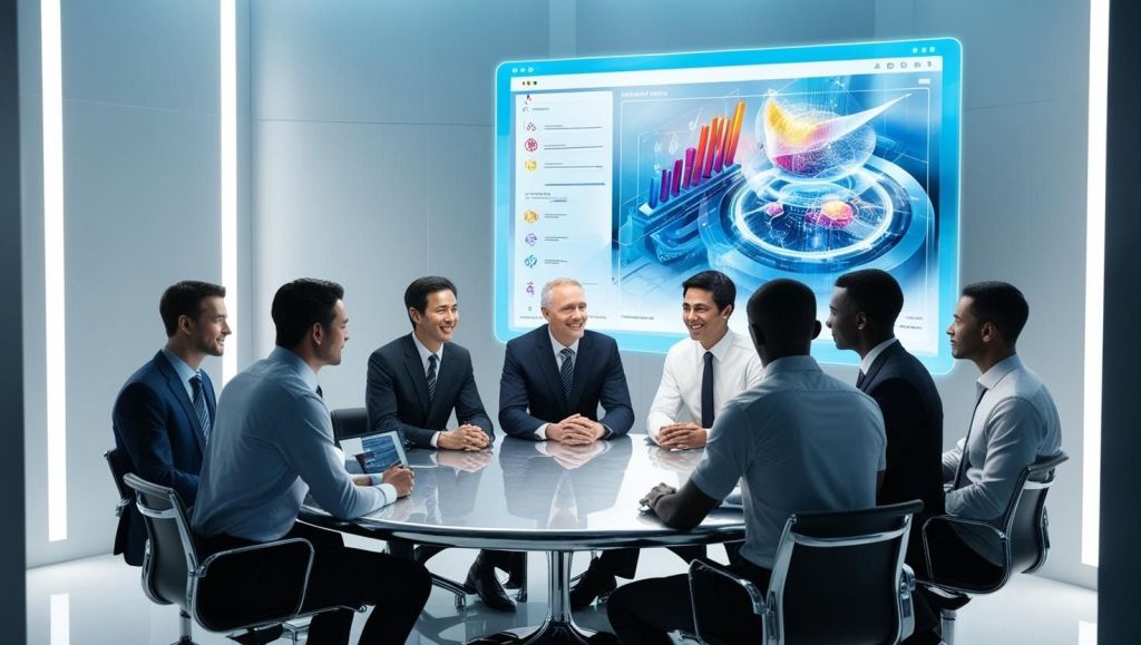 A diverse group of professionals sitting in a futuristic office setting with a computer projecting images of high-quality and engaging content.