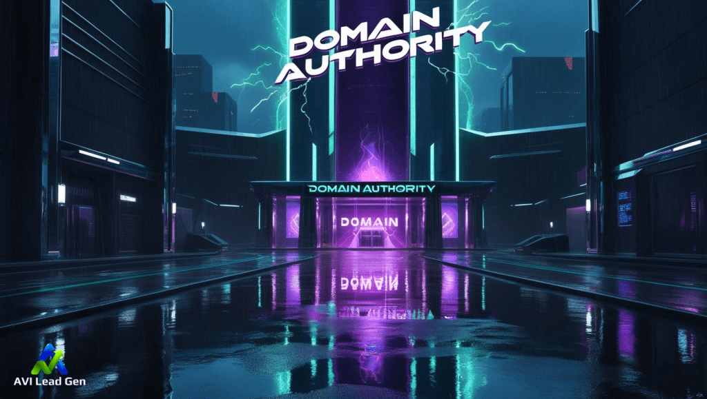 A dark futuristic street setting with an enormous futuristic building. Above the main entrance of the building is a hologram with the words "Domain Authority" projected. Showing success while using top SEO keyword tools.