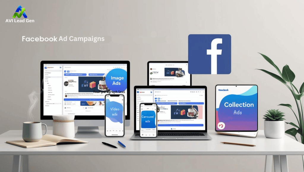 Different Facebook ad formats, including image ads, video ads, carousel ads, collection ads, and stories ads, are displayed as digital mockups on several devices. The background features a professional workspace with a coffee cup, notebook, and plant, emphasizing a modern and creative environment. These strategies are included in our guide on setting a budget for facebook ads above.