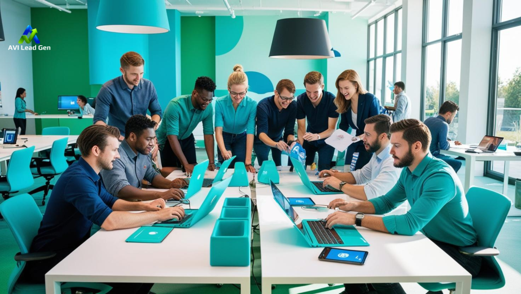 A social media expert team working hard to meet deadlines in a very modern open office setup. The image shows collaboration and has cool colored hues.