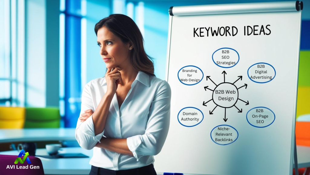 A colorful setting of a woman standing in front of a whiteboard with different keyword ideas in a hub and spoke model. The woman appears to be deep in thought as she stands in a modern conference room. The image has cool color hues.