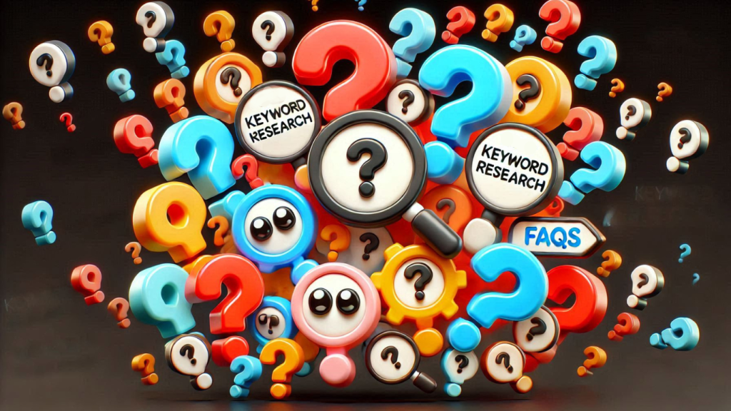 A group of 10 or more differently colored question marks are floating around a black background. Meant to show the FAQs for keyword research. The adorable keywords are in a 3D illustrated animation style.