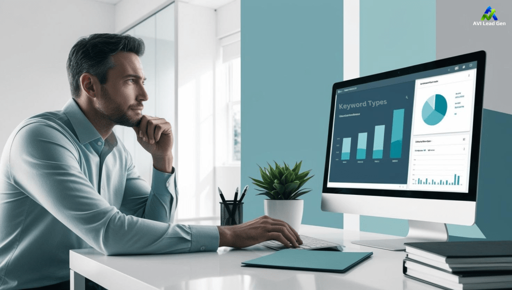 A colorful setting of a man sitting in front of a computer displaying analytics for keyword types. The man appears to be deep in thought as he sits in a modern office at a modern desk with some random desktop items neatly placed near the computer. The image has cool color hues and shows the importance of keywords for small businesses.