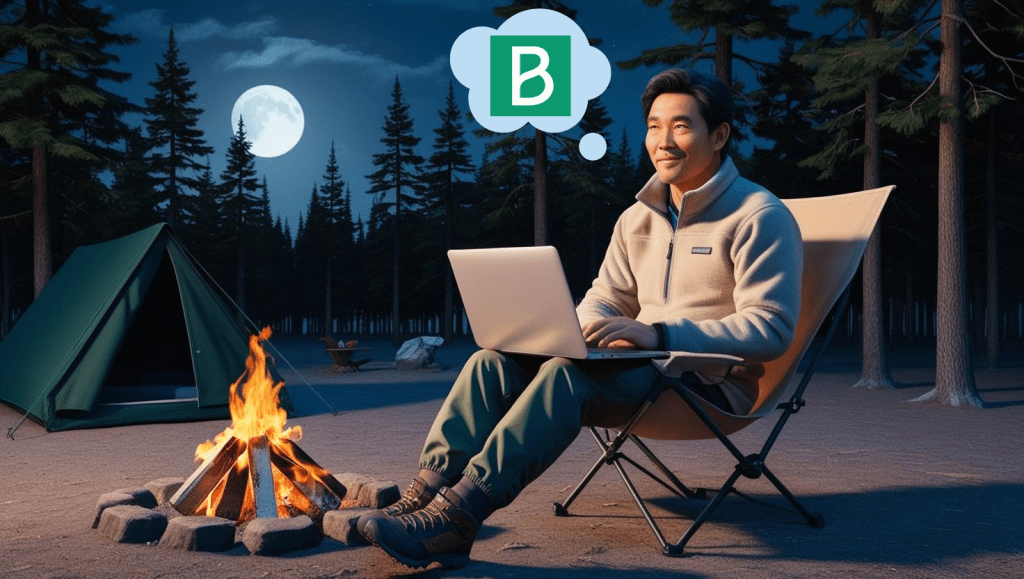 A realistic image of an Asian man in camping attire sitting on a fold-out chair with a laptop computer on his lap. considering brevo as his email marketing campaign service provider. Above his head is a thought bubble with the brevo logo inside. The setting is a campfire at night, with a single tent and many pine trees surrounding the moonlit area.