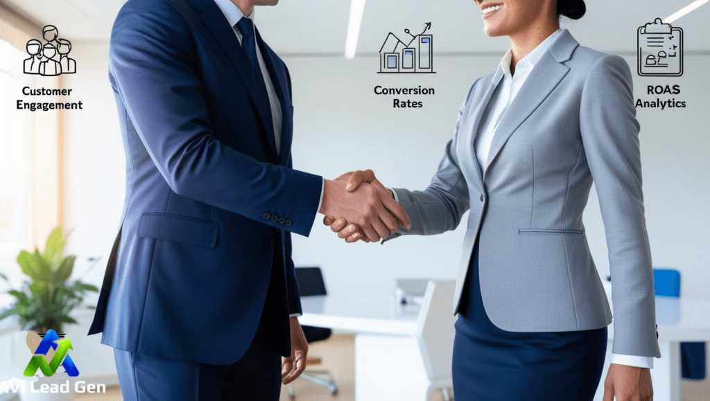 This is a cool, inviting image of a professionally dressed man shaking hands with a professionally dressed woman in a modern office setting. Utizilizing a strategy for effective email creation tools.