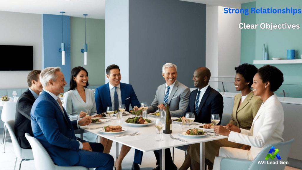 A group of professionally dressed men and women are having lunch together a nice restaurant. Text in the corner reads "Strong relationships - clear objectives" showing that effective lead gen services start with understanding the goal. The setting is very modern with cool color hues.
