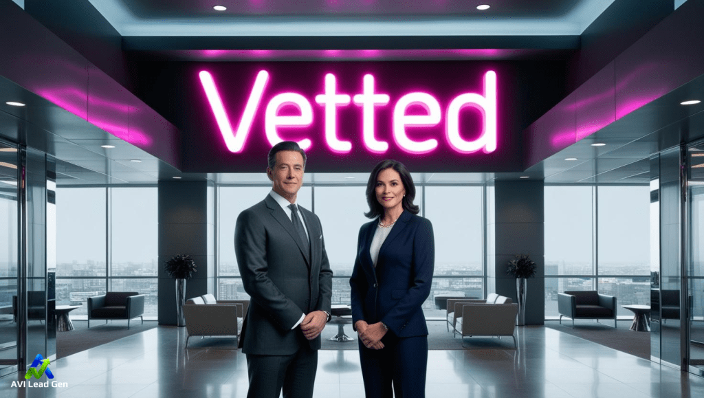 A professionally dressed man and woman are in a modern office lobby. Above the lead gen agency reps is a neon sign with the word "Vetted" over them. The setting is very modern with cool color hues.