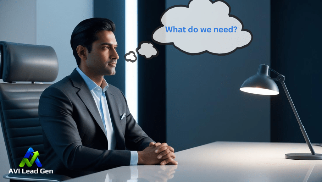 A professionally dressed Indian man sitting at a modern desk in a high backed chair with a though bubble asking "What do we need" when considering effective lead gen services. The image is dimly lit in a modern office setting with cool color hues.