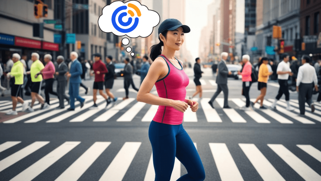A realistic image of a Japanese woman in jogging attire and wearing a ball cap. She is stopped at a crosswalk waiting for the walk signal to change. Above her head is a thought bubble with the logo for Constant Contact inside. The setting is mid-day in a bustling American metropolis downtown intersection.