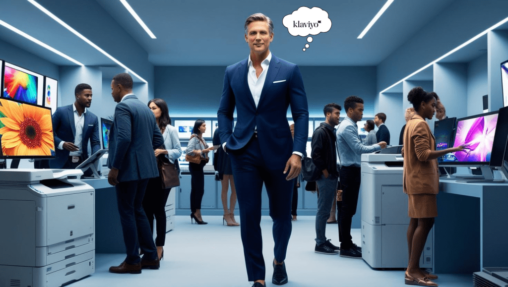 A realistic image of a man in professional business attire standing in a very busy electronics store, with cool-color tones. Around the man are customers looking at electronic equipment like printers, monitors, and lamps. The modern shopping store is embued in cool colors.