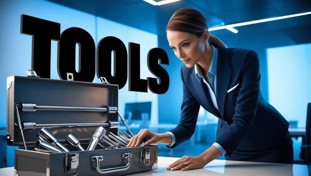 a female, wearing a business suit with a magnifying glass, is bent over a toolbox in a dimly lit modern office with cool blue hues. . Above the woman, in the foreground, are large black letters that read "Tools”. Showing the importance of access to digital marketing tools.