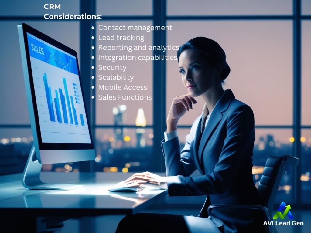 A professionally dressed woman deep in thought in a dimly lit, large modern business office full of windows. The image is nighttime and the lighting is coming from a monitor displaying cool-colored sales charts. On the image is the text crm solutions considerations with; Contact management Lead tracking Reporting and analytics Integration capabilities Security Scalability Mobile Access Sales Functions