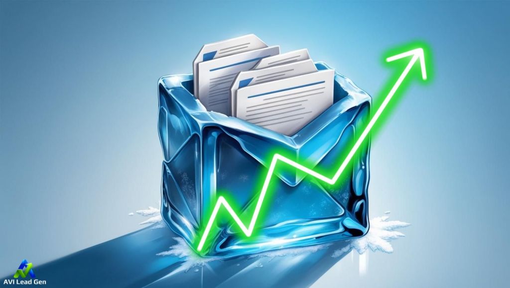 A frozen email inbox with several messages contained and a growth arrow. The image is meant to showcase the use of effective cold email list segmentation and other email marketing solutions.