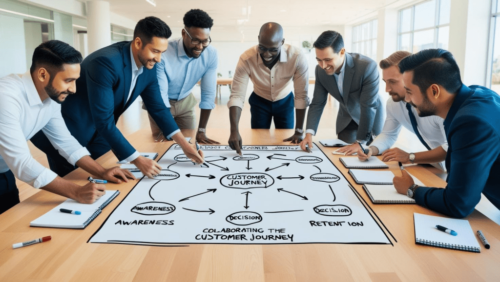 A realistic image of a diverse group of people mapping the customer journey (Awareness, Consideration, Decision, Retention, Loyalty) on a table.
