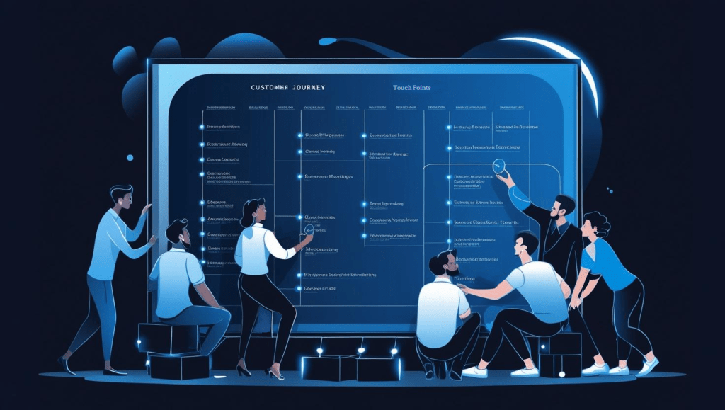 A group of diverse animated people are looking at a large digital board using the customer journey with touchpoints for integrated digital marketing strategies.