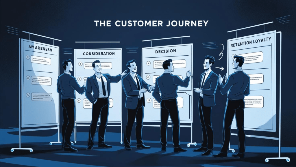 A dark animated image of people mapping the customer journey (Awareness, Consideration, Decision, Retention, Loyalty) in blue hues.