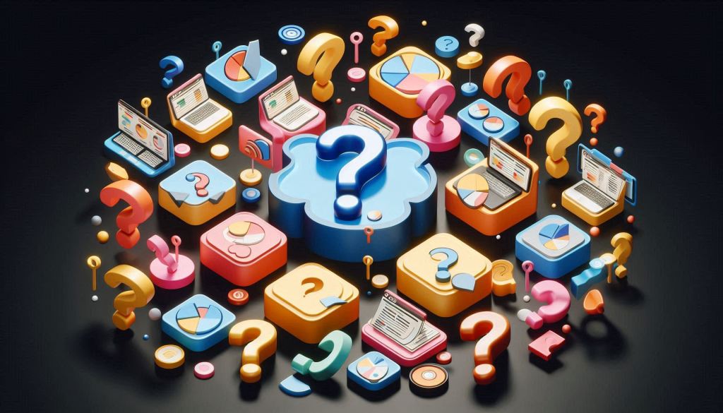 A group of 10 or more differently colored question marks are floating around a black background. Meant to show the FAQs for crm solutions. The animated crms are in a 3D illustrated animation style.